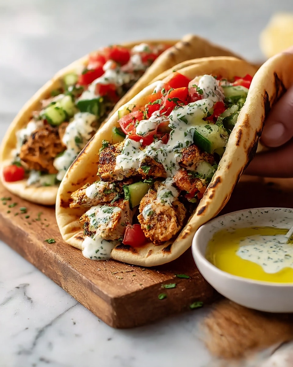 The image shows two soft white flatbreads folded and filled like tacos, resting on a wooden board. Each flatbread holds grilled chicken pieces with a slightly charred, golden-brown texture on the bottom, topped with small cubes of bright green cucumber and red tomato. There is a creamy white sauce drizzled over the filling, mixed with bits of green herbs. A woman's hand is holding the closest taco from the right side. In the blurry background, there is a small white bowl with a similar white sauce, and some scattered herbs on a white marbled surface. Photo taken with an iphone --ar 4:5 --v 7