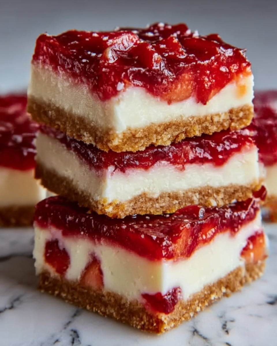 The image shows a close-up of a square strawberry cheesecake bar with three visible layers on a wooden surface with a white marbled texture background. The bottom layer is a crumbly, brown crust made from crushed nuts and a binder, providing a rough texture. The middle layer is thick, creamy, and white, likely the cheesecake filling, smooth and dense. The top layer consists of a shiny, deep red strawberry glaze with chunks of strawberries and whole small strawberries placed on top for decoration, giving a glossy and juicy appearance. photo taken with an iphone --ar 4:5 --v 7