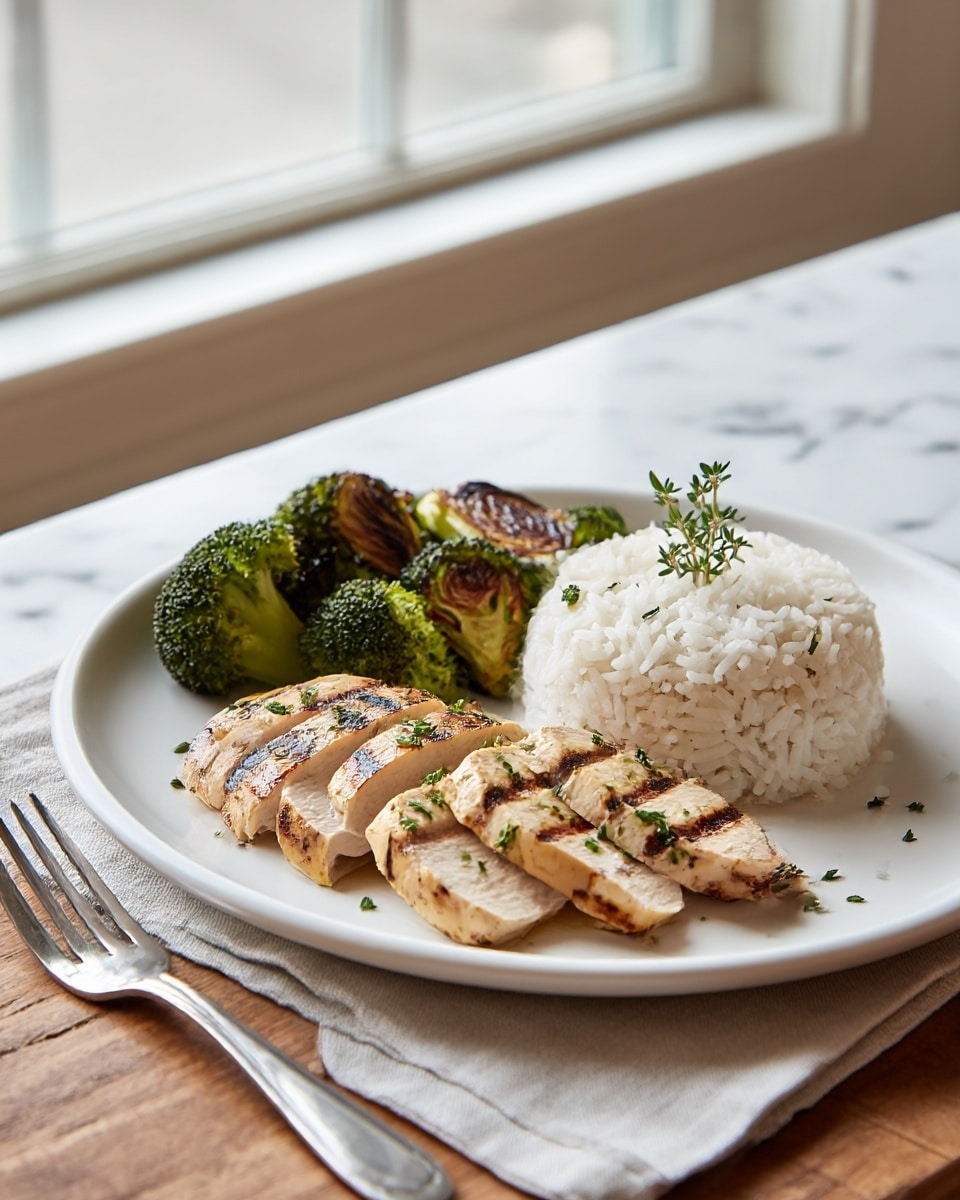 A white plate contains three main layers of food: on the left, there are seven thick slices of grilled chicken breast with a light golden brown color, garnished with small green herb leaves scattered on top; behind the chicken, a cluster of roasted broccoli with dark green and slightly charred edges forms the middle layer; on the right, a rounded mound of fluffy white rice topped with a small sprig of fresh thyme completes the dish. The plate is placed on a folded light grey cloth on a wooden table, with a silver fork resting next to it, against a white marbled texture background. photo taken with an iphone --ar 4:5 --v 7