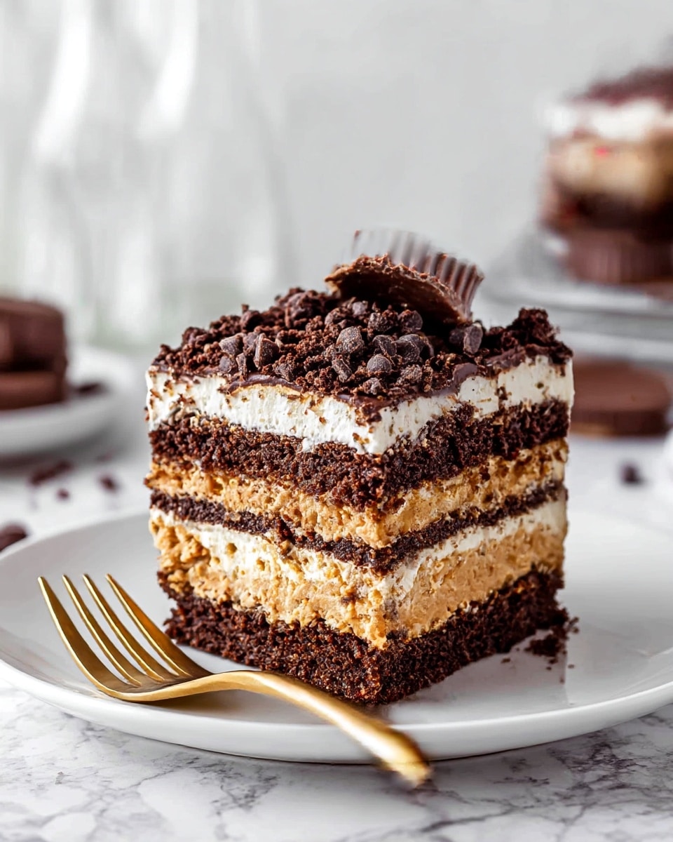A close-up view of a layered dessert square on a white plate with a gold fork resting beside it. The dessert has multiple layers starting with a bottom layer of light beige cookie or cake, followed by a dark chocolate layer, then another light beige layer mixed with chocolate chips, topped by another chocolate layer, a creamy white layer, and finished with a thick dark chocolate crumb topping sprinkled with small dark chocolate chips. On top, there is a half piece of a peanut butter cup showing its golden peanut butter inside. The background features a blurry white marbled texture with more pieces of the dessert and a glass of milk. photo taken with an iphone --ar 4:5 --v 7