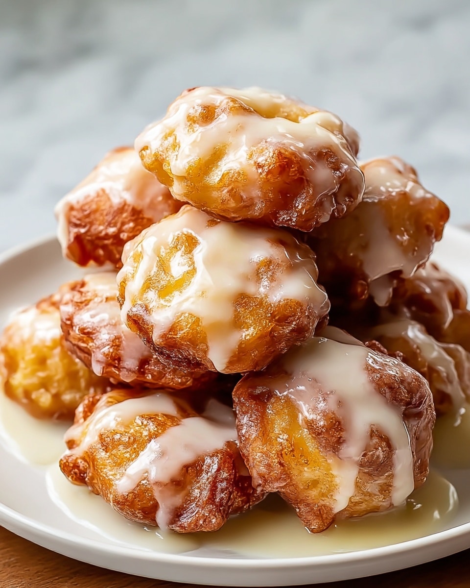 A close-up of a small stack of golden-brown donut holes on a white plate, each piece covered with a shiny, white glaze that drips slightly around the edges and pools at the base. The donut holes have a rough, textured surface with crispy, darker brown spots that show a well-fried exterior. The glaze looks smooth and glossy, enhancing the warm, rich colors of the donut holes. The plate sits on a wooden surface with a soft focus white marbled texture in the background, creating a warm and inviting scene. photo taken with an iphone --ar 4:5 --v 7
