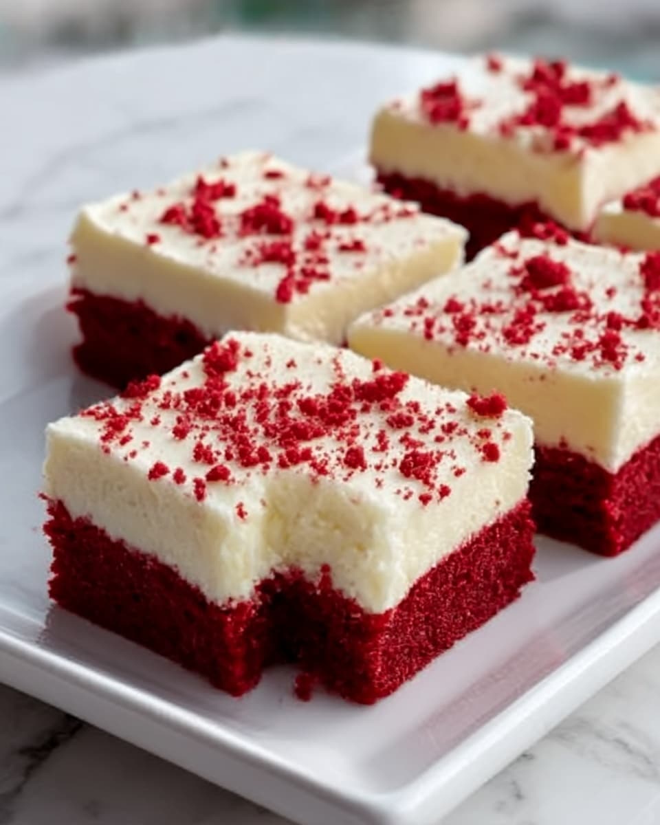 The image shows four square pieces of red velvet cake with a thick, creamy white frosting layer on top. Each piece is evenly cut and topped with small red cake crumbs scattered across the frosting, adding texture and color contrast. The cakes are placed close together on a white rectangular plate, sitting on a white marbled surface. The red cake layer is dense and vibrant, while the frosting looks smooth and slightly fluffy. photo taken with an iphone --ar 4:5 --v 7