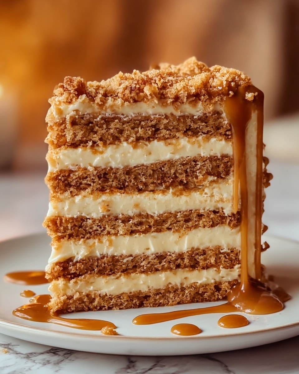A close-up of a four-layer cake slice sits on a white plate on top of another white plate against a blurred background. The cake has alternating layers of light brown crumbly sponge and creamy off-white frosting. The top of the cake is covered with more crumbly bits matching the sponge layers, and a thick caramel sauce drips down the right side of the slice, pooling slightly on the white marbled surface of the plate. The texture of the sponge looks moist and crumbly while the frosting layers are smooth and creamy, giving a rich, inviting appearance photo taken with an iphone --ar 4:5 --v 7