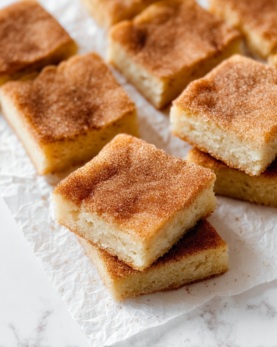 The image shows several square pieces of soft cake with a light beige color and a slightly crumbly texture. Each piece is evenly coated on top with a mix of cinnamon and sugar, giving a fine granulated and powdery brown layer that contrasts with the pale cake beneath. The pieces are stacked close together on a white marbled surface, with some edges slightly uneven showing the tender crumb inside. The cake appears moist and fluffy with a thin, slightly wrinkled top layer covered in the cinnamon sugar blend. Photo taken with an iphone --ar 4:5 --v 7
