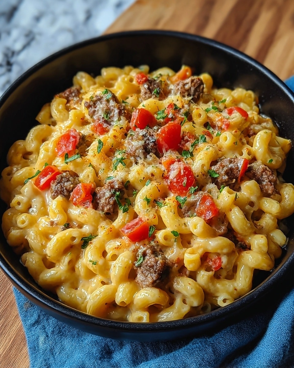A black bowl filled with creamy macaroni pasta as the base layer, showing a smooth, cheesy yellow texture with curled pasta shapes. The second layer features small cubes of bright red bell peppers scattered evenly. On top, tender chunks of cooked beef with a deep brown color are spread throughout. The dish is finished with melted cheese that has a slightly golden, bubbly texture and is sprinkled with small green herb leaves, adding a fresh touch. The bowl is placed on a wooden board with a soft blue cloth nearby, all set against a white marbled texture. Photo taken with an iphone --ar 4:5 --v 7