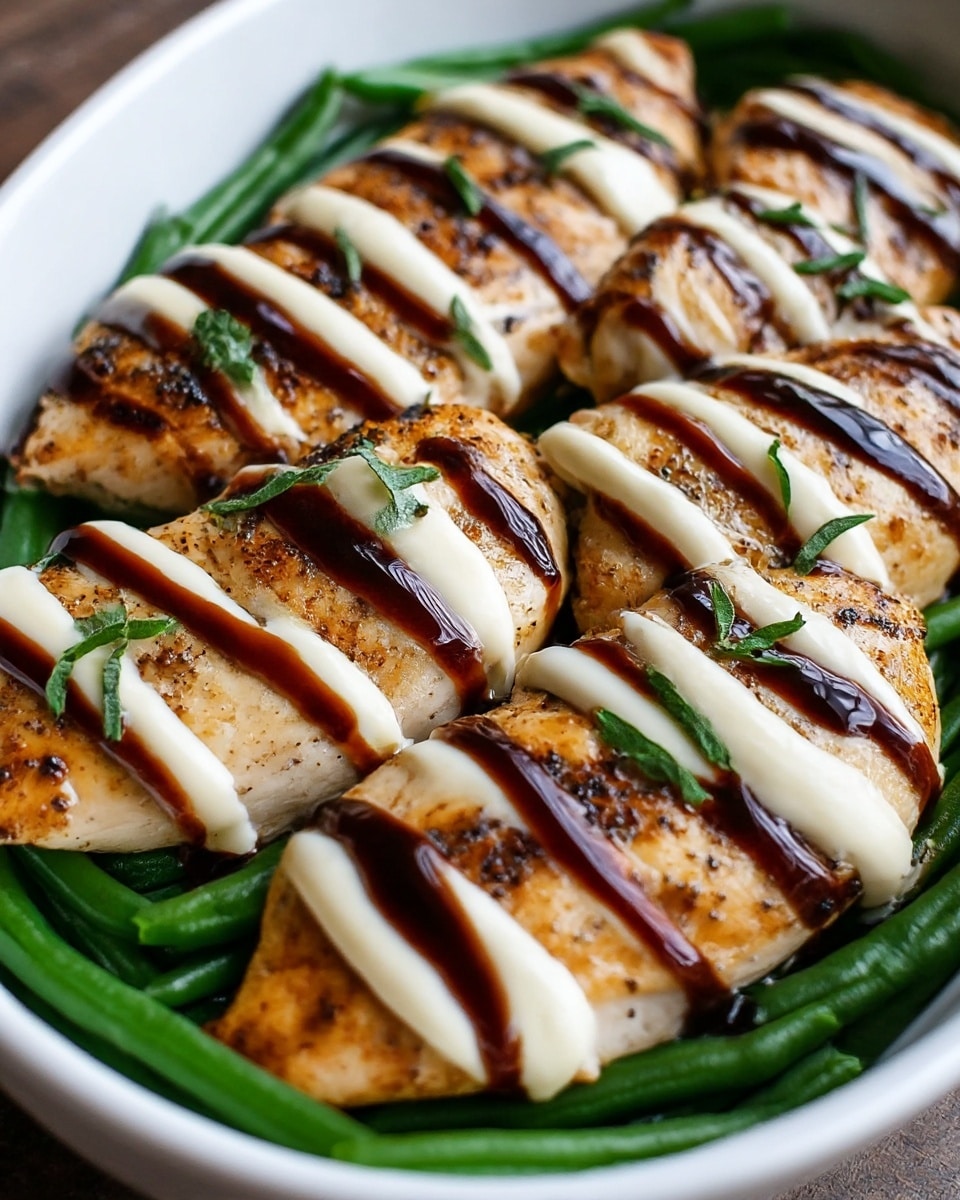 The dish shows two pieces of grilled chicken breast, each cut with deep diagonal slashes filled with creamy white melted cheese on top and streaks of dark brown balsamic glaze drizzled over. The grilled chicken has a brown outer texture with slight charring and visible black pepper seasoning. Beneath the chicken, there is a layer of bright green cooked green beans arranged neatly around the edge of a white bowl, all placed on a white marbled surface. Small green herb leaves are sprinkled over the chicken for garnish. Photo taken with an iphone --ar 4:5 --v 7