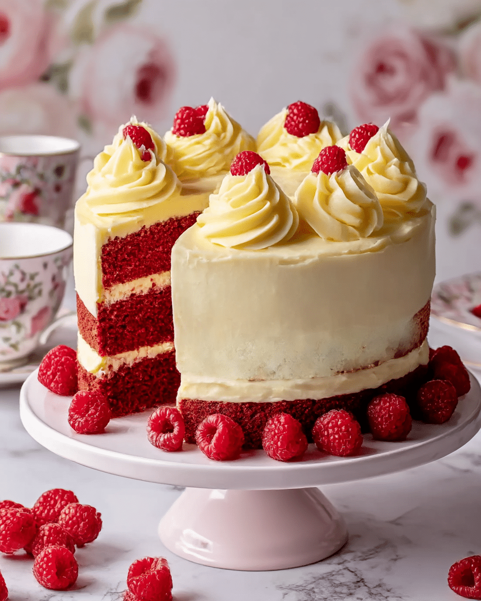 A three-layer red velvet cake with deep red, moist sponge layers separated by thick white cream cheese frosting. The outside of the cake is covered in a smooth layer of pale yellow frosting with large swirls of the same frosting piped on the top edge and around the base. Bright red raspberries are placed on top of the swirls and scattered around the base. The cake sits on a white cake stand against a white marbled surface, with blurred background flowers and cups. Photo taken with an iphone --ar 4:5 --v 7