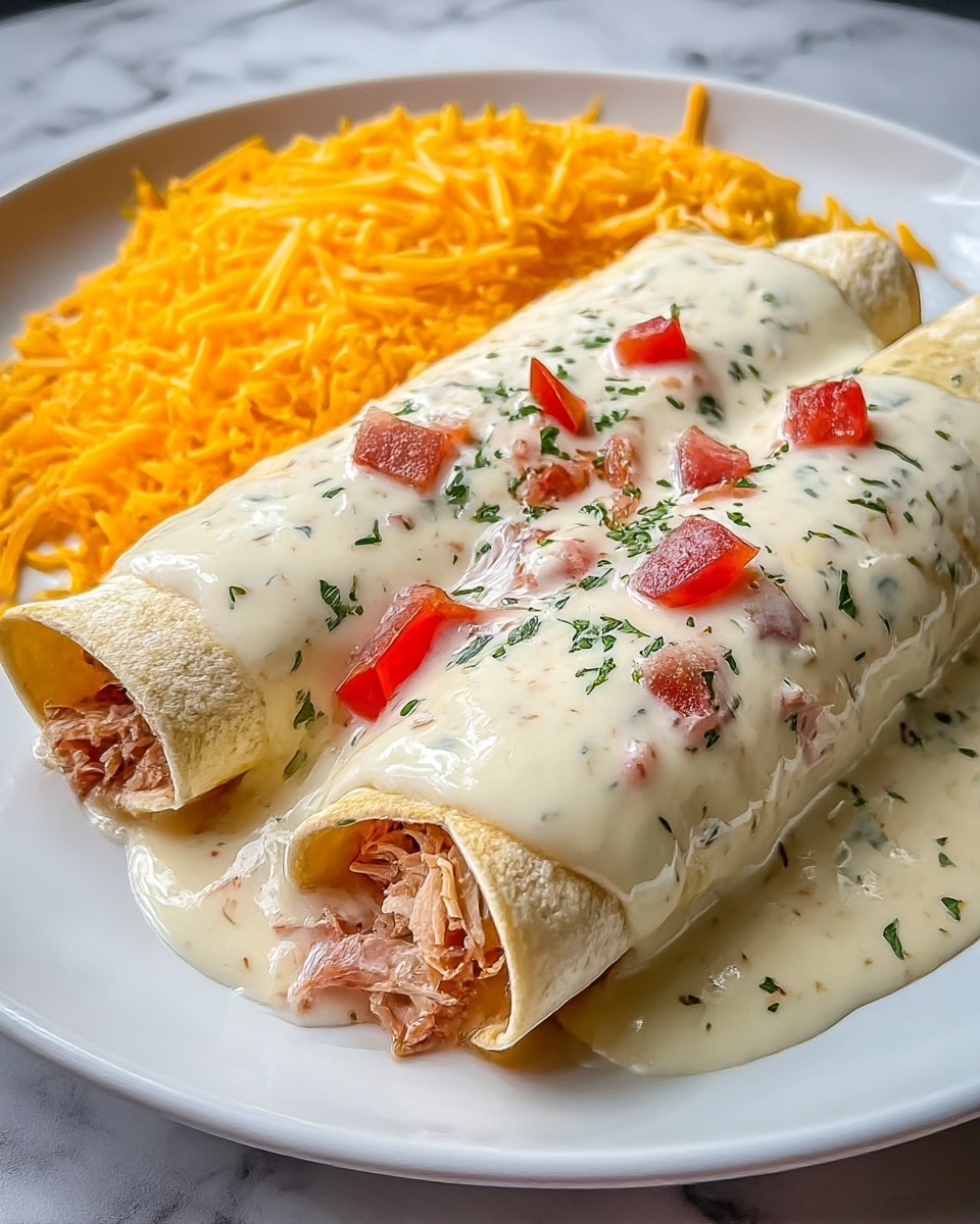 Two rolled tortillas stuffed with shredded meat are placed side by side on a white plate. They are covered with a thick, creamy white cheese sauce scattered with small red diced tomatoes and sprinkled green herbs on top. To the left of the tortillas, there is a large portion of bright orange shredded cheddar cheese, creating a sharp color contrast against the white plate and cheese sauce. The plate rests on a white marbled texture surface. photo taken with an iphone --ar 4:5 --v 7