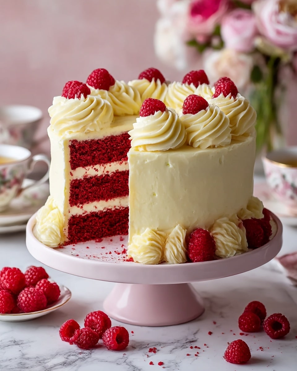 A three-layer red velvet cake with thick white cream frosting between each layer and covering the outside, decorated with large swirls of cream on top and along the bottom edge. Fresh red raspberries sit on top of the cream swirls and at the base. The cake is on a white cake stand with a soft pink base, with more raspberries scattered on a white marbled surface around it. The background shows soft-focused pink flowers and a tea cup. photo taken with an iphone --ar 4:5 --v 7
