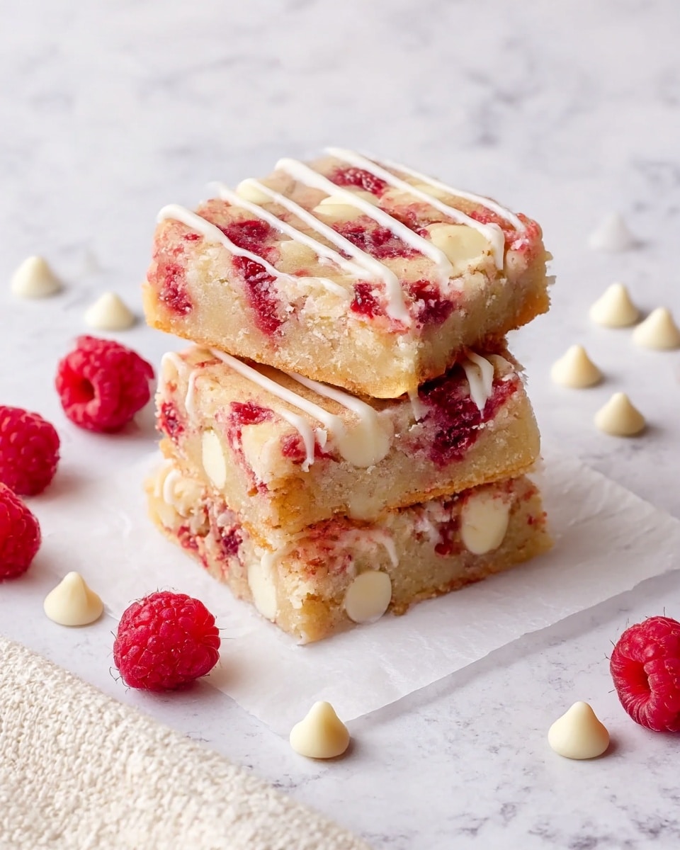 Three square dessert bars are stacked on white parchment paper placed on a white marbled texture. Each bar has two main layers: the base is light golden with visible white chocolate chips embedded, and the top layer has scattered bright red raspberry pieces creating a textured look. The bars are drizzled with thin white icing lines across the top. Around the bars are whole fresh raspberries and white chocolate chips resting on the marbled surface. A cream-colored textured cloth is partially visible at the corner. photo taken with an iphone --ar 4:5 --v 7