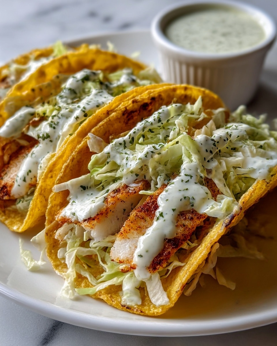 The image shows three fish tacos placed side by side on a white plate on a white marbled surface. Each taco has a crispy, golden-yellow tortilla shell with a slightly charred texture. Inside, there is a layer of grilled white fish with a light brown, slightly charred crust, topped with fresh, shredded light green cabbage. Over the cabbage, there is a drizzle of white creamy sauce sprinkled with green herbs. In the background, there is a small white cup filled with extra creamy sauce, slightly blurred to keep the focus on the tacos. Photo taken with an iphone --ar 4:5 --v 7