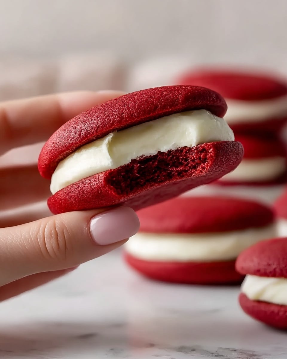 A close-up of a red velvet whoopie pie held by a woman's hand, showing two soft, deep red cookie layers with a smooth cream cheese filling in between. The top cookie has a bite taken out, revealing the fluffy and moist texture inside. In the blurred background, there are more red velvet whoopie pies stacked on each other, all set on a white marbled surface. photo taken with an iphone --ar 4:5 --v 7