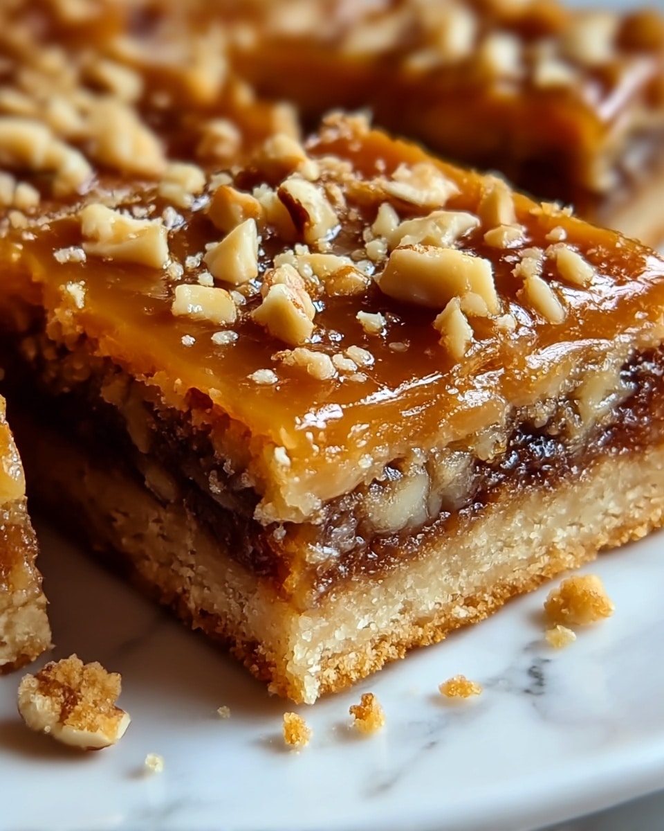 The image shows a close-up of a square dessert bar with three visible layers. The bottom layer is a light brown, crumbly, and slightly coarse crust base. The middle layer is a darker, sticky mixture with bits of nuts visible, adding texture and richness. The top layer is a glossy, golden caramel sauce with small pieces of chopped nuts scattered over it, giving a shiny and crunchy finish. There are some crumbs scattered on the white plate beneath the bar, placed on a white marbled surface. Photo taken with an iphone --ar 4:5 --v 7