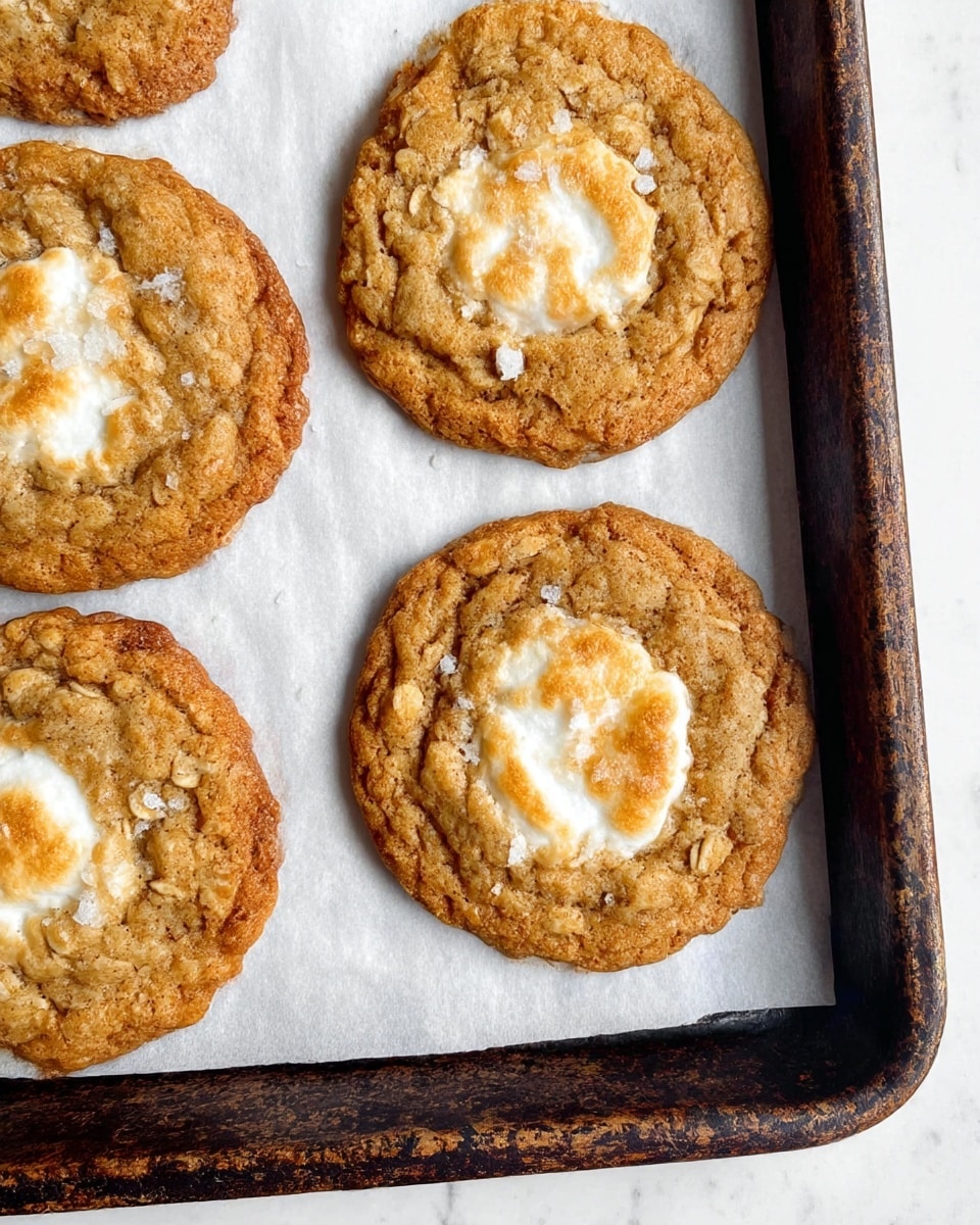 The image shows a close-up of four oatmeal cookies on a baking tray lined with white parchment paper, resting on a white marbled surface. Each cookie is round and golden brown with a slightly textured surface of oats and bits of marshmallow that have melted and browned in the center, giving a soft, shiny look. The edges are crisp and slightly darker, while the middle has a mix of light tan and golden colors with small salt flakes sprinkled on top. The baking tray is dark and worn with a rustic look, showing scratches and marks. photo taken with an iphone --ar 4:5 --v 7