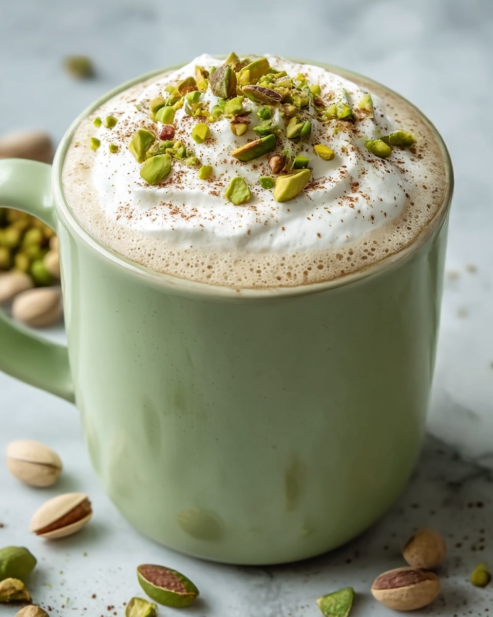 A light green ceramic mug filled with a frothy beige drink, topped with a thick layer of white whipped cream. On top of the whipped cream, there are chopped green pistachios and a hint of brown powder sprinkled evenly, giving a textured look. The cup is placed on a white marbled surface with a few scattered pistachio pieces around it, adding a natural touch. photo taken with an iphone --ar 4:5 --v 7