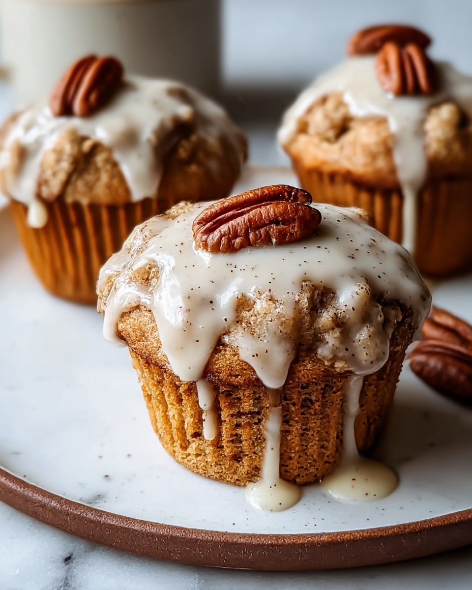 Three muffins sit on a white plate with a brown edge, placed on a white marbled surface. Each muffin has a golden-brown base with a slightly textured, crumbly top. They are topped with a thick, glossy white glaze that drips slightly down the sides. The glaze is speckled with tiny dark spots, likely cinnamon or spices, and each muffin is adorned with whole pecans placed on top. The muffins look soft and moist, with the glaze adding a shiny, smooth contrast to the rough texture of the crumbs. Photo taken with an iphone --ar 4:5 --v 7