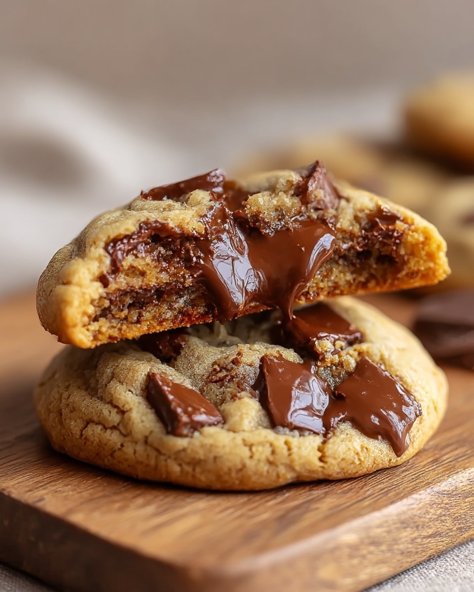 A close-up of two chocolate chip cookies stacked on a wooden board, with the top cookie broken in half to show its gooey, melted chocolate center. The cookie dough is golden brown with a slightly crisp edge and a soft, chewy texture inside. The melted chocolate appears rich and thick, oozing out from the middle and embedded in chunks on the surface of the cookies. The background is softly blurred with a neutral tone, highlighting the cookies as the main focus. photo taken with an iphone --ar 4:5 --v 7