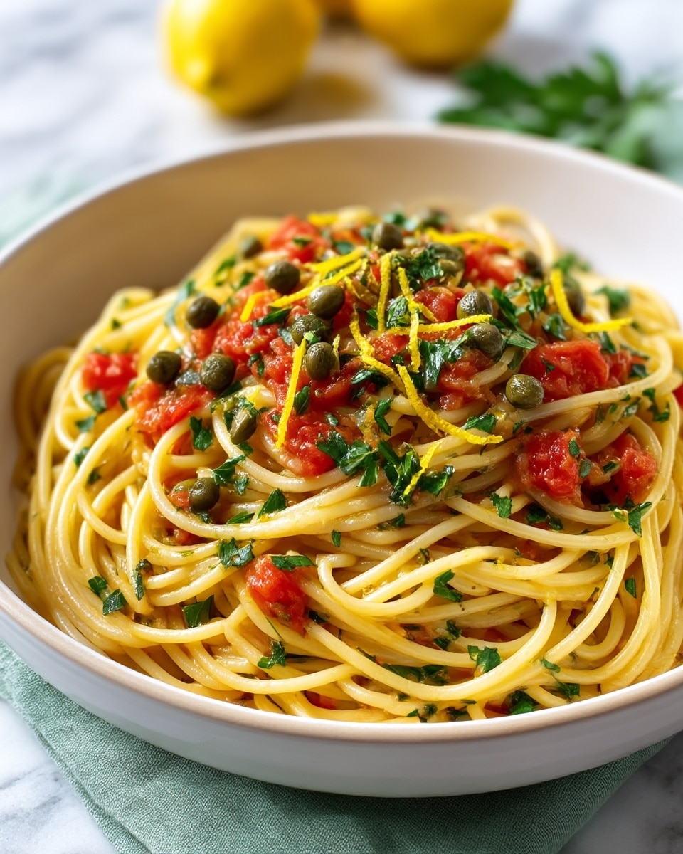 A white bowl filled with a mound of golden-yellow spaghetti noodles layered with small pieces of bright red tomatoes, dark green capers scattered on top, and sprinkled with fresh chopped green parsley and thin yellow lemon zest strands. The dish sits on a soft green cloth on a white marbled surface, with blurred yellow lemons and green leaves in the background. The noodles glisten slightly, showing a light coating of sauce that makes the colors stand out. Photo taken with an iphone --ar 4:5 --v 7