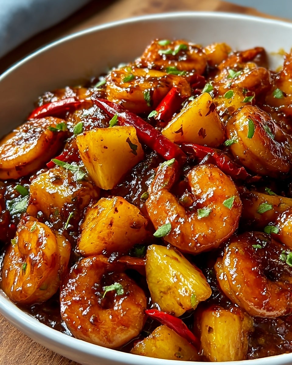 A close-up view of a white bowl filled with a glossy, richly sauced stir-fry featuring several layers of ingredients. The bottom layer is a dark, sticky sauce with a shiny texture that coats everything, while the middle and top layers contain plump, orange shrimp with a slightly translucent look. Bright yellow chunks of pineapple are scattered throughout, some with light grill marks, adding freshness and texture. Thin, red chili peppers are mixed in, providing sharp color contrast. Small pieces of chopped green herbs are sprinkled over the dish, adding bursts of green and a fresh touch. The bowl sits on a wood-colored surface with a blurred background. photo taken with an iphone --ar 4:5 --v 7