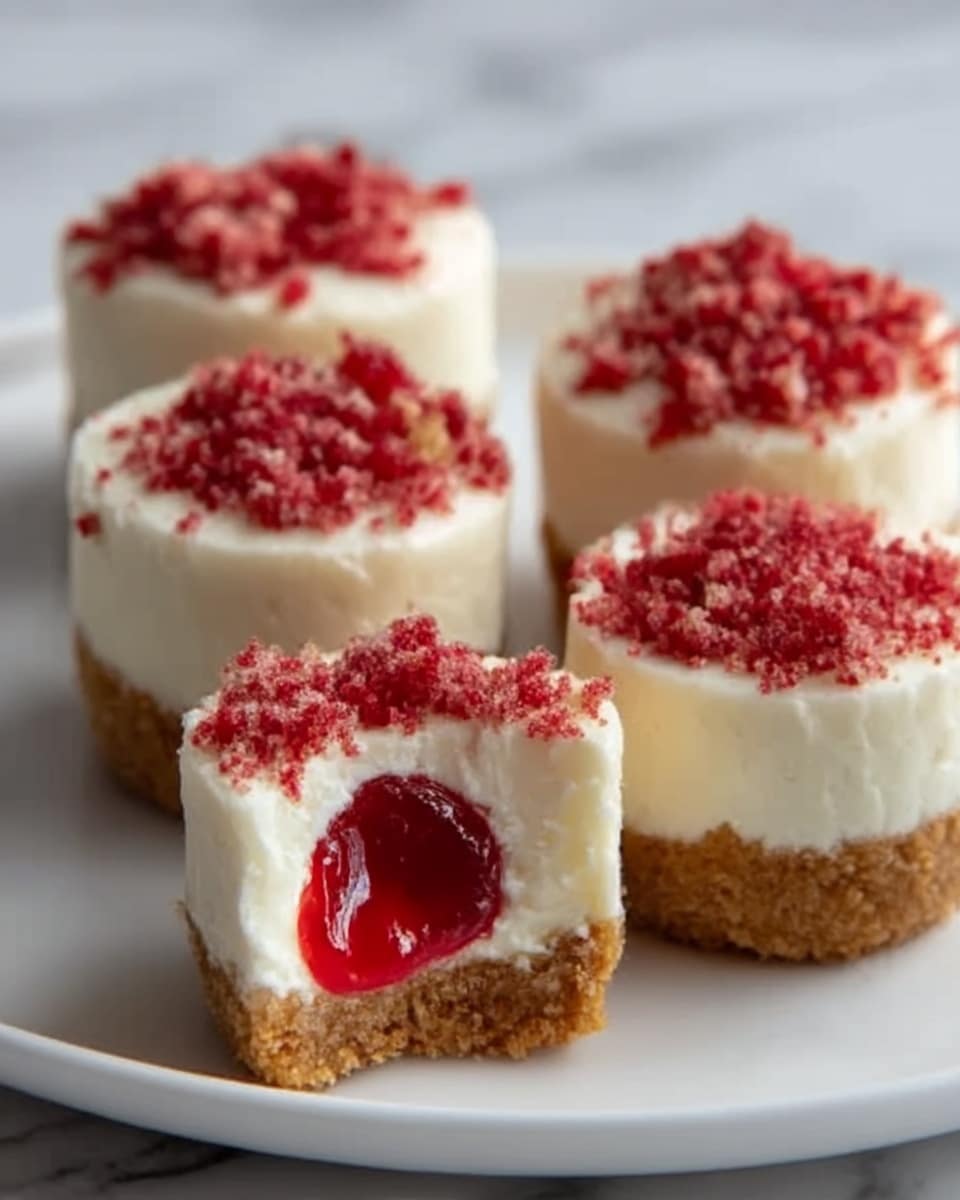 The image shows four small round cheesecake bites on a white plate, placed on a white marbled surface. Each cheesecake bite has three layers: a bottom layer of light brown crumbly crust, a middle layer of smooth creamy white filling, and a top layer covered with small red crumbly bits. One cheesecake bite is slightly cut open, revealing a bright red jelly center inside the creamy layer. The overall look is creamy, crumbly, and colorful with a mix of white, light brown, and red. Photo taken with an iphone --ar 4:5 --v 7