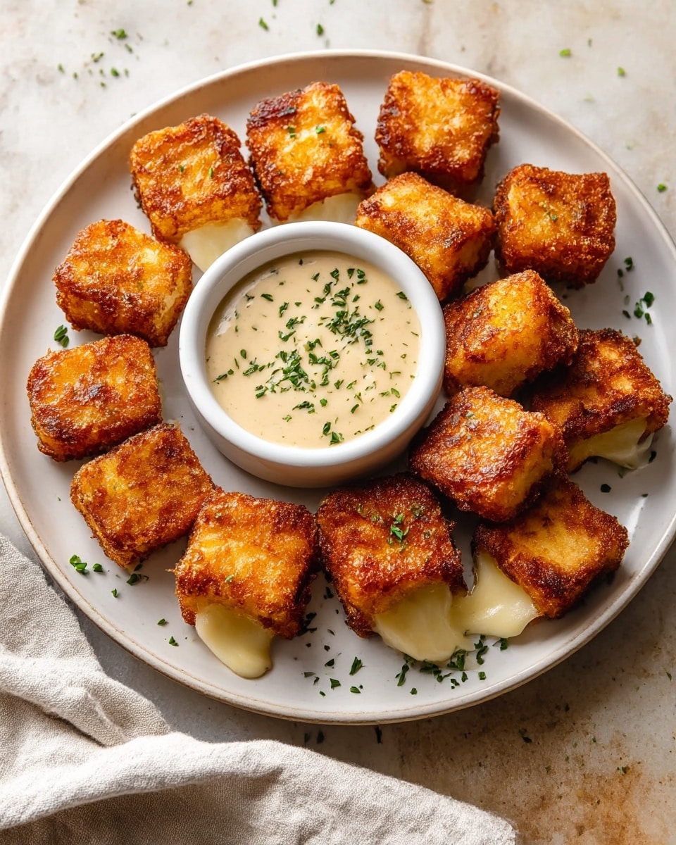 This image shows a white round plate on a white marbled texture surface, filled with twelve golden-brown crispy square fried pieces that look like they have a soft, melted creamy cheese layer inside, some pieces showing cheese oozing out. The fried pieces are arranged around a small white bowl placed in the center of the plate, filled with a smooth, light beige dipping sauce sprinkled with small green herb bits. There are also small green herb sprinkles scattered on the plate around the fried pieces. A light-colored cloth napkin is visible on the corner of the surface. photo taken with an iphone --ar 4:5 --v 7