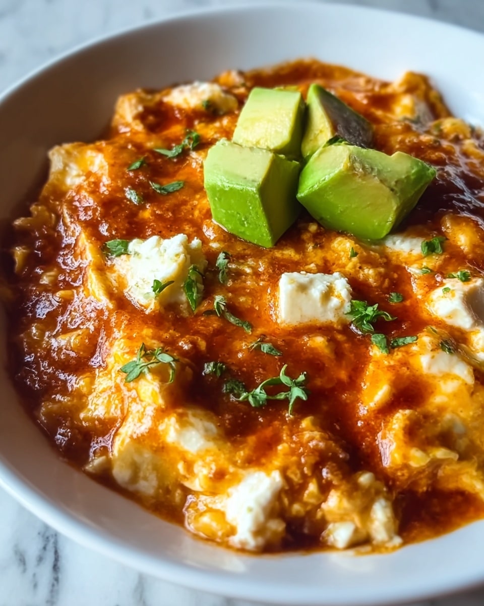 The dish is served in a white bowl filled with one main layer of creamy scrambled eggs mixed with white cheese, topped with a rich, reddish-brown sauce that looks slightly oily and has a smooth but textured surface. On top, there are three small chunks of fresh, bright green avocado placed near the center along with tiny green herbs scattered around. The overall texture shows a mix of soft, creamy eggs, melted cheese, and a thick, flavorful sauce. The photo is taken close up, highlighting the glossy, warm colors and details against a white marbled texture background. Photo taken with an iphone --ar 4:5 --v 7