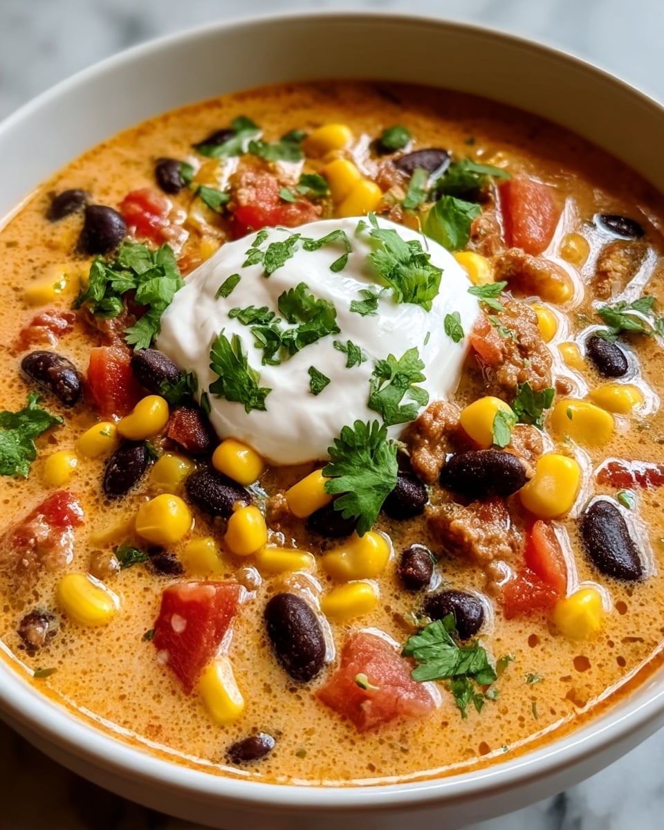 A close-up view of a creamy soup in a white bowl, filled with layers of bright yellow corn kernels, dark black beans, small chunks of red tomatoes, and brown ground meat, all mixed into a light orange broth. On top sits a dollop of white sour cream, sprinkled with fresh green cilantro leaves that add a fresh touch. The soup has a rich texture with both smooth liquid and chunky bits, giving it a hearty and colorful appearance. The bowl is set on a white marbled surface. photo taken with an iphone --ar 4:5 --v 7