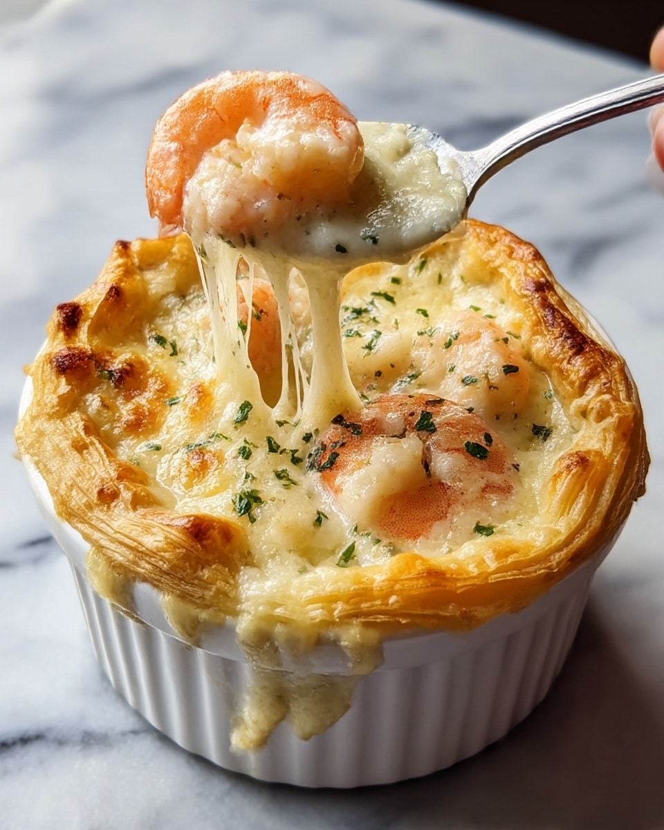 A white ramekin filled with a creamy, cheesy shrimp dish topped with a golden brown, fluffy puff pastry crust that is slightly cracked to reveal melted cheese and shrimp inside; the shrimp are pink with white melted cheese around them, sprinkled with green herbs, and some gooey cheese stretches upwards as if lifted by a spoon held by a woman's hand; the dish rests on a white marbled surface, showing a rich and inviting texture. photo taken with an iphone --ar 4:5 --v 7