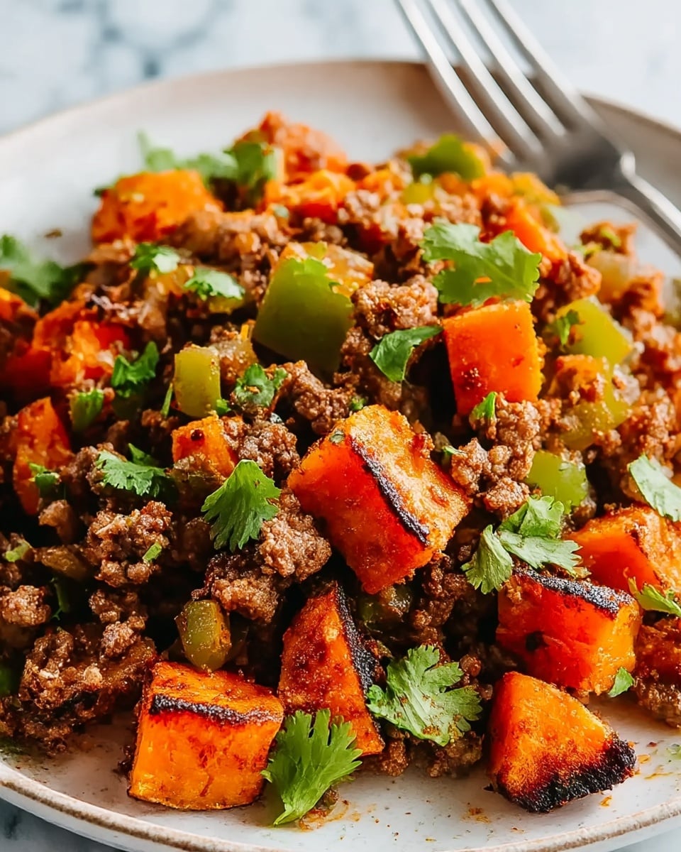 The dish shows a close-up view of a mix of browned ground beef with visible small pieces of green bell pepper and chunks of bright orange cooked sweet potato, all garnished with fresh green cilantro leaves scattered on top. The food sits on a white plate with some slight charring on the surface of the sweet potato and beef, adding a textured look. The background is a white marbled texture, and a silver fork is partially visible behind the food near the top right. Photo taken with an iphone --ar 4:5 --v 7
