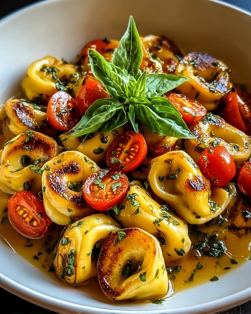 A white bowl filled with about three layers of yellow tortellini pasta, each piece coated with small green herb flecks and lightly browned on some edges. Among the pasta, there are cut bright red cherry tomato halves placed unevenly, with grill marks and some herbs on top. A fresh green basil leaf rests on the top center. The pasta sits in a shallow pool of glossy golden sauce with green herb bits scattered throughout. The background is a white marbled texture. photo taken with an iphone --ar 4:5 --v 7