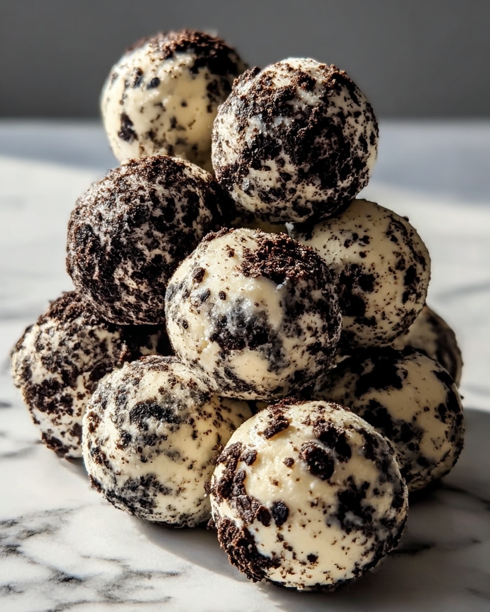 A close-up view of eight round dessert balls stacked in a small pile on a white marbled surface, each ball covered in a speckled pattern of crumbled dark pieces on a creamy light base, giving a textured look with rough patches and smooth areas. The balls have an uneven mix of black and white creating an inviting contrast that looks crumbly and soft. photo taken with an iphone --ar 4:5 --v 7