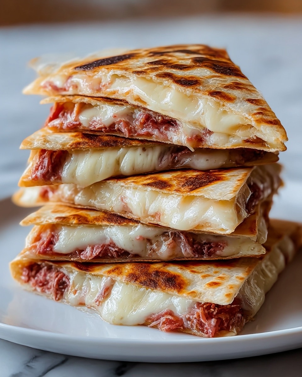 A stack of four triangular quesadillas is shown, each cut in half and layered on top of one another on a white plate. The quesadilla outer layer is golden brown with a slightly crispy texture and dark brown char marks. Inside, there are two main layers: a melted, creamy white cheese layer that oozes slightly out of the edges, and a layer of finely shredded reddish-pink meat beneath the cheese. The layers are thick and the quesadillas look hot and fresh. The background shows a soft blur with a white marbled surface beneath the plate. photo taken with an iphone --ar 4:5 --v 7