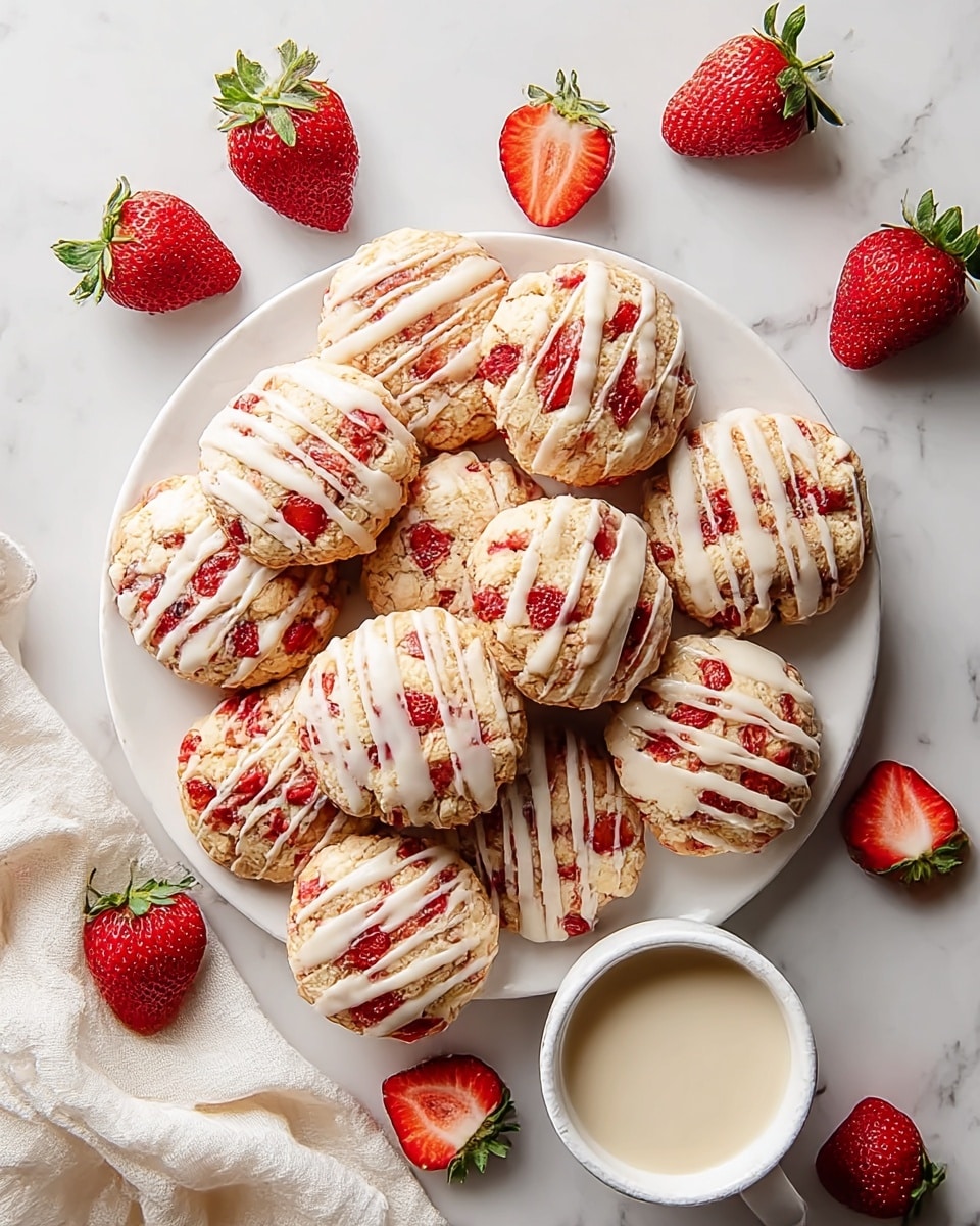 A white round plate filled with ten round cookies, each cookie thick and textured with chunks of red strawberries baked inside and white icing drizzled in stripes over the top. The cookies are arranged close together in the center of the plate. Around the plate, there are several fresh whole strawberries and some halved strawberries scattered loosely. A small white bowl filled with a light cream liquid is placed on the lower right side of the plate. The whole setup sits on a white marbled surface, with a soft cream-colored cloth partially visible on the bottom left. photo taken with an iphone --ar 4:5 --v 7