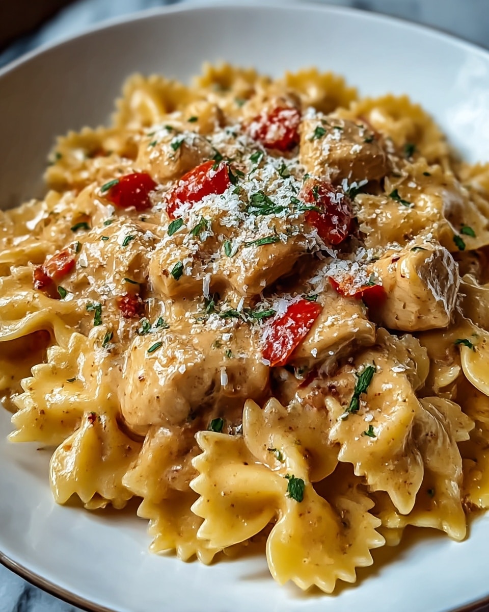 A white plate holds a creamy pasta dish with several layers visible. The bottom layer consists of yellow bowtie pasta coated smoothly with a rich, light brown sauce. Scattered throughout are chunks of cooked chicken, also covered in the sauce. Bright red pieces of bell pepper add color contrast, while the top is sprinkled with finely chopped green herbs and a dusting of grated white cheese. The sauce has a slightly glossy, thick texture that coats every ingredient well, creating a warm and comforting look. Photo taken with an iphone --ar 4:5 --v 7