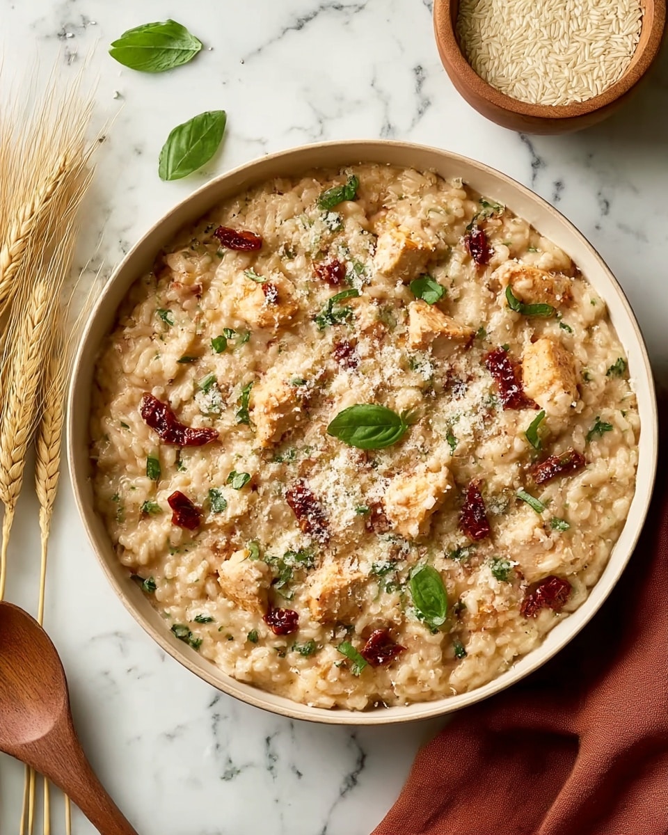A white bowl is filled with creamy risotto that has a light beige color and a soft, slightly thick texture. Scattered evenly on top are golden-brown pieces of cooked chicken, small dark red sun-dried tomato bits, bright green fresh herb leaves, and a fine sprinkle of grated white cheese. The dish is sitting on a white marbled surface with a small wooden bowl of uncooked rice and some wheat stalks nearby. A wooden spoon and a brown cloth are placed beside the bowl. photo taken with an iphone --ar 4:5 --v 7