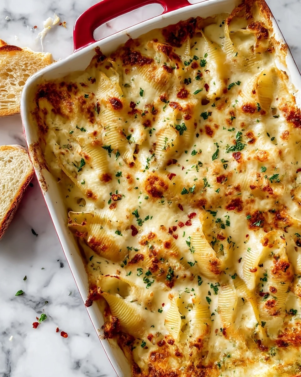 A baked pasta dish in a white baking dish with red handles, showing large pasta shells stuffed and covered with melted, golden-brown cheese. The top layer is bubbly and browned in spots, sprinkled with chopped green herbs and a few red flakes. The creamy sauce with hints of cheese spills slightly around the edges. The dish rests on a white marbled surface with a piece of slightly toasted white bread nearby. photo taken with an iphone --ar 4:5 --v 7