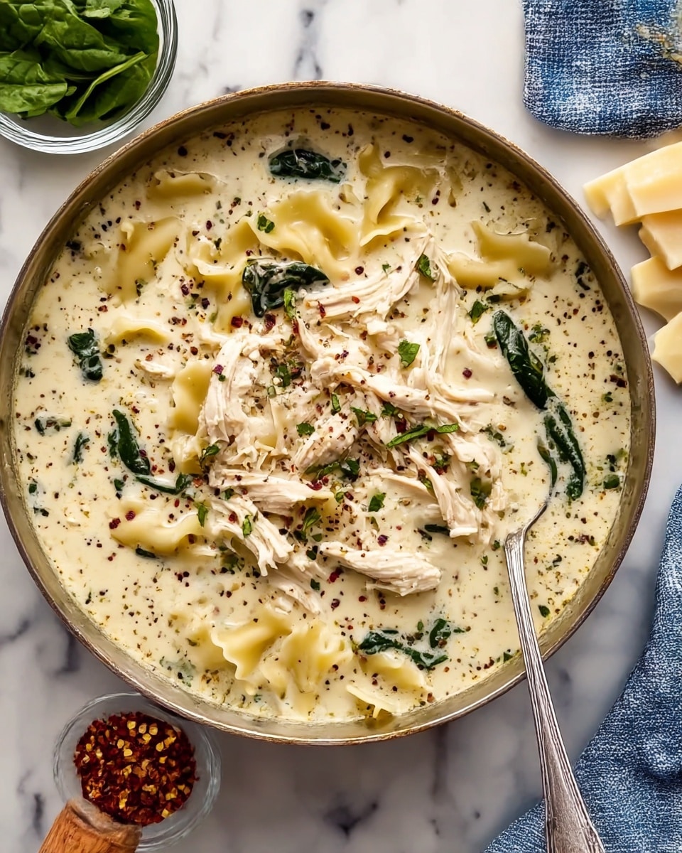 The image shows a creamy chicken noodle soup served in a round metal pan with a wooden handle, resting on a white marbled surface. The soup has two visible layers: the thick, creamy white broth speckled with black pepper and herbs as the base, and scattered on top are soft, wavy lasagna noodles, tender shredded chicken pieces, and dark green spinach leaves. Flecks of fresh green herbs are spread evenly over the surface, adding color and texture. A silver spoon is partially submerged on the right side of the pan, ready to scoop the rich soup. Nearby, there is a small clear bowl of crushed red pepper flakes, some hands of spinach, and a stack of pale cheese slices. A folded blue and white cloth is partially visible on the upper right corner. Photo taken with an iphone --ar 4:5 --v 7