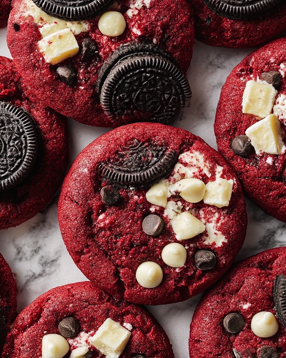 The close-up image shows several red velvet cookies arranged closely together on a white marbled surface. Each cookie has a deep red base texture, soft and slightly cracked. Some cookies are topped with a single flat black chocolate sandwich cookie placed near the edge, showing detailed patterns. Other cookies have chunks of white cream cheese scattered across the top with dark and white chocolate chips embedded in the red dough. The cookies look soft and moist with a rich contrast between the red base and the white and black toppings. Photo taken with an iphone --ar 4:5 --v 7
