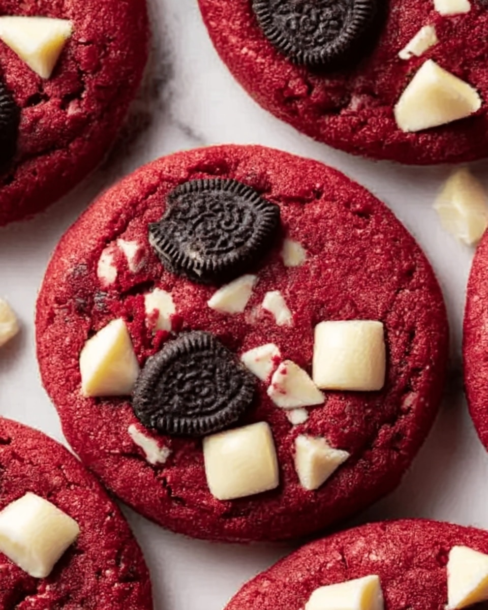 A close-up of red velvet cookies with a soft, textured surface, each cookie featuring two small dark cookie pieces with a white cream filling embedded in the dough. Scattered irregular white chocolate chunks are spread over the top, adding contrast to the deep red color of the cookie. The cookies are arranged on a white marbled surface, highlighting the rich colors and textures. photo taken with an iphone --ar 4:5 --v 7