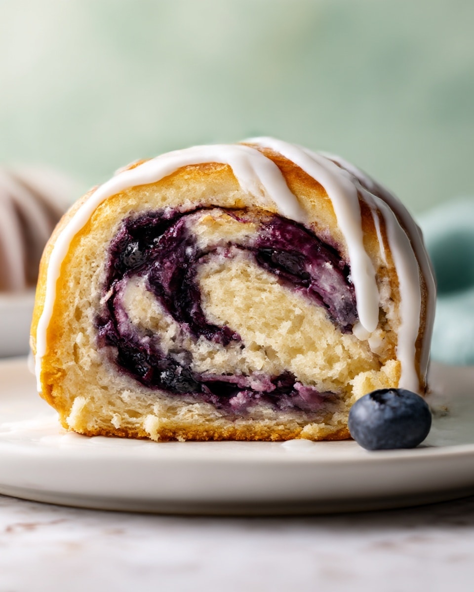 A close-up view of a sliced blueberry cinnamon roll with three visible layers: the outer layer is golden brown and slightly shiny, the middle layer is soft, light yellow dough, and the inner layer is filled with dark purple blueberry filling that swirls inside. A smooth, white glaze is drizzled over the top of the roll in thick lines, partially covering the golden surface and the blueberry filling. One whole fresh blueberry sits on the white plate near the roll. The setting has a soft natural light with a blurred greenish background and the plate rests on a white marbled texture. photo taken with an iphone --ar 4:5 --v 7