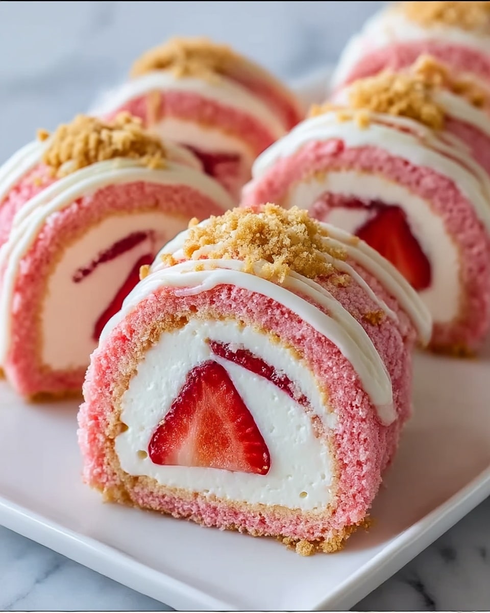 The image shows several pink and white layered dessert rolls, each sliced to reveal a cross-section. Each roll has three main layers: a bright red strawberry center, surrounded by a thick white creamy layer, and then an outer pink crumbly textured layer. The top part of the rolls is decorated with a light brown crumbled topping and a smooth white drizzle that curves over the surface. These rolls are arranged neatly on a white plate, sitting on a white marbled surface. photo taken with an iphone --ar 4:5 --v 7