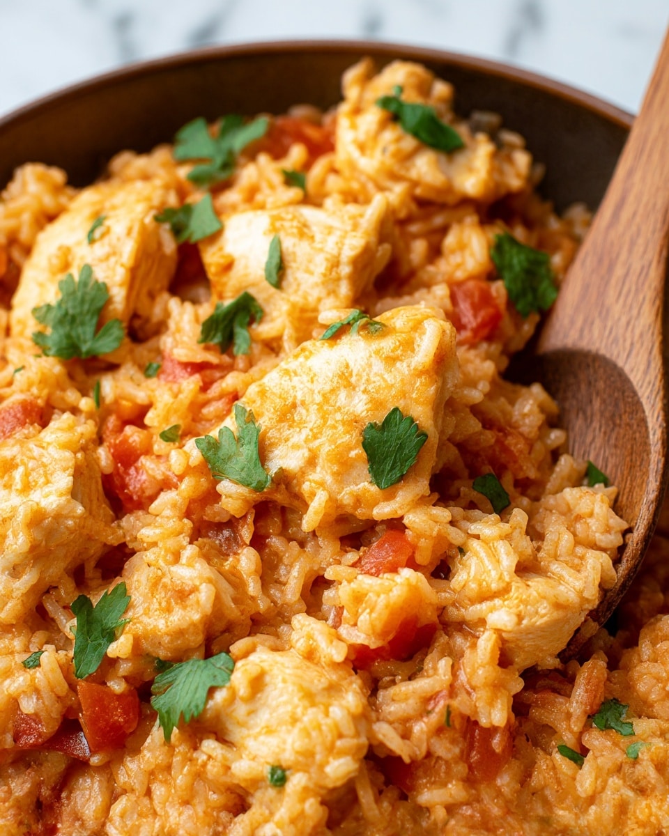 A close-up view of a dish showing soft, fluffy rice mixed with pieces of cooked chicken, both coated in an orange, tomato-based sauce. The rice grains are slightly sticky and clumped, with small chunks of red tomato visible throughout. Bright green cilantro leaves are scattered on top, adding a fresh color contrast. A wooden spoon is partially buried in the rice and chicken mixture, its texture smooth and dark brown, blending naturally with the warm colors of the dish. The dish is set against a white marbled surface. photo taken with an iphone --ar 4:5 --v 7