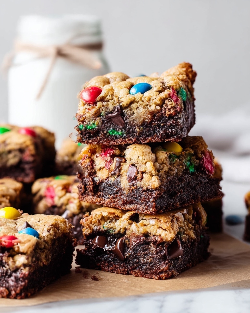 A stack of rich dessert bars with two distinct layers is placed on a white marbled surface with parchment paper beneath them. The bottom layer is thick and dark brown, dense like a fudgy brownie with visible melted chocolate chunks. The top layer is a lighter golden brown, textured like a soft cookie dough mixed with colorful candy-coated chocolates that add pops of red, green, blue, yellow, and orange. The bars are cut into squares with an uneven, crumbly top edge, showcasing the moist interior. In the background, there is a blurred white jar tied with a simple twine string. Photo taken with an iphone --ar 4:5 --v 7
