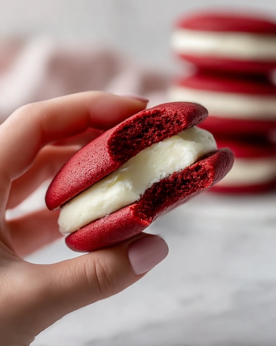 A close-up image of a red velvet whoopie pie with three visible layers: the top and bottom layers are soft, spongy, dark red cake cookies with a slightly crumbled texture, and the middle layer is a thick, smooth, creamy white filling. The whoopie pie is held gently between a woman's hand with a soft background showing blurred similar red velvet whoopie pies stacked behind on a white marbled surface. photo taken with an iphone --ar 4:5 --v 7