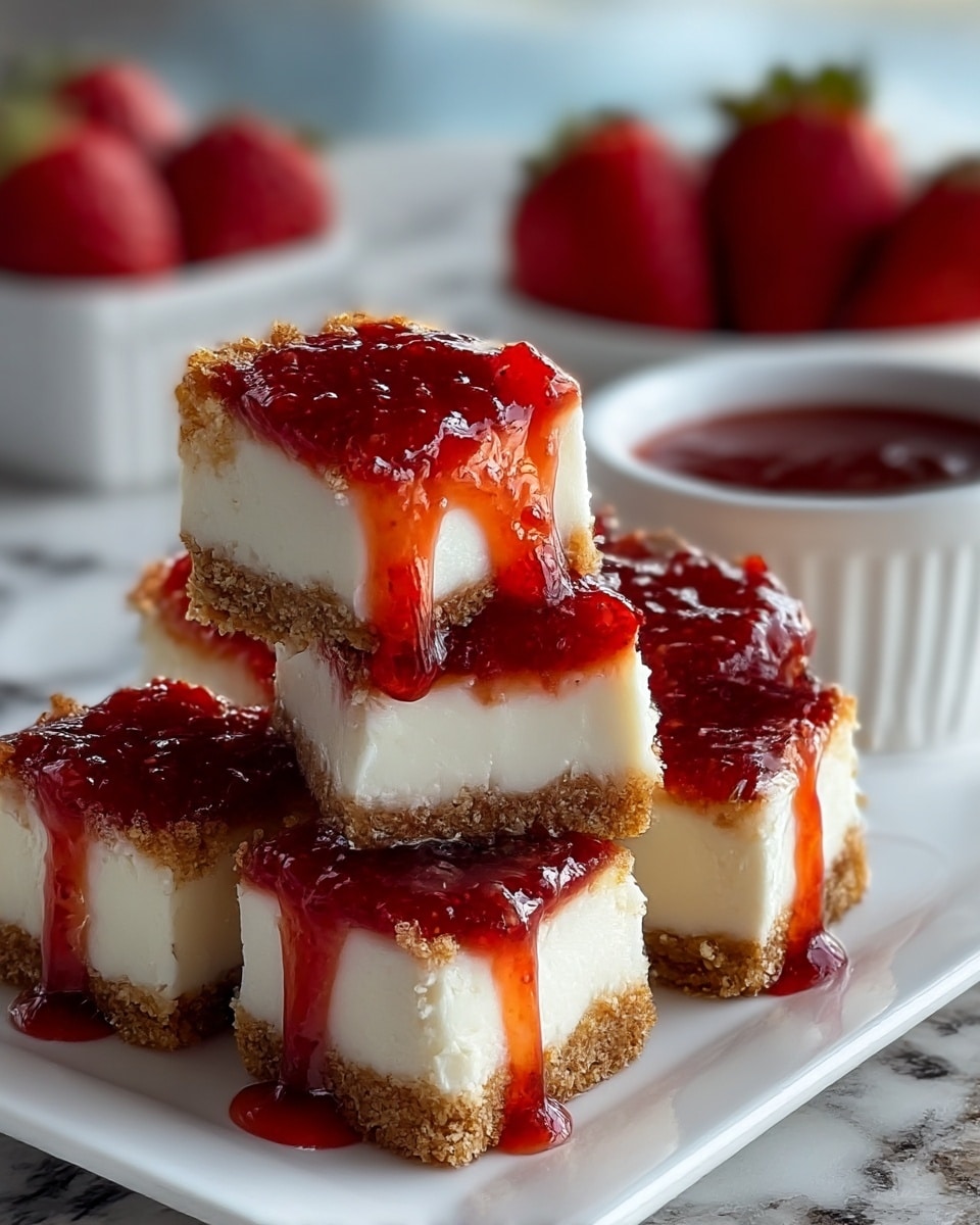 A close-up of five small cheesecake bites on a white rectangular plate, each showing three layers: a crumbly brown graham cracker crust at the bottom, a thick smooth white cheesecake layer in the middle, and a glossy red strawberry topping with visible seeds and syrup dripping down the sides. The cheesecake bites are stacked with one piece resting on top of the others, catching the light to highlight their creamy texture and the shine of the strawberry topping. In the blurred background, fresh red strawberries and a white ramekin filled with extra red sauce are visible on a white marbled surface. photo taken with an iphone --ar 4:5 --v 7