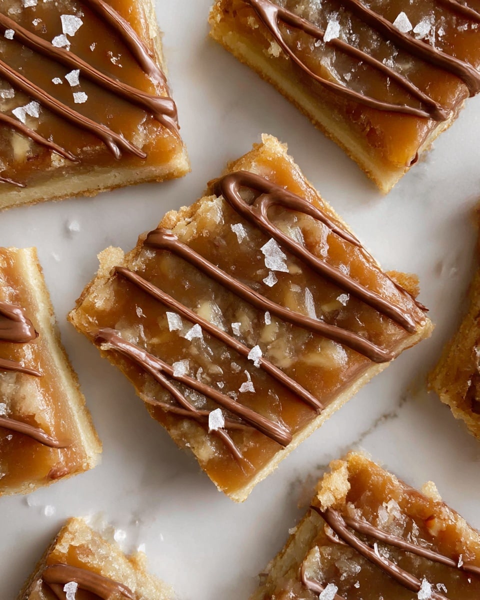 A close-up view of several square dessert bars arranged on a white, marbled surface, each bar showing three layers: a light golden, crumbly pastry base, a thick caramel layer with a slightly sticky texture and bits of nuts, and a drizzle of smooth milk chocolate sauce on top in thin, wavy lines. Small flakes of sea salt are scattered over the caramel, adding texture and a touch of white contrast. The edges of the bars are uneven and crumbly, giving a homemade feel. photo taken with an iphone --ar 4:5 --v 7