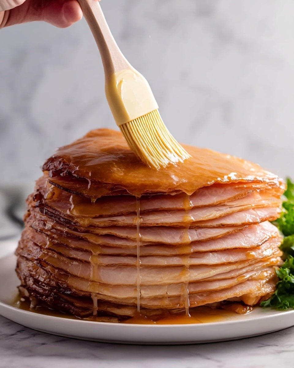 A tall stack of thinly sliced ham layers is placed on a white plate, showing a mix of light pink and brown colors with a slightly glossy texture from cooked edges. A pale yellow silicone brush held by a woman's hand is applying a shiny, amber glaze over the top, which drips slowly down the sides of the layers. In the background, there is a blurred hint of green leafy garnish against a white marbled surface. photo taken with an iphone --ar 4:5 --v 7