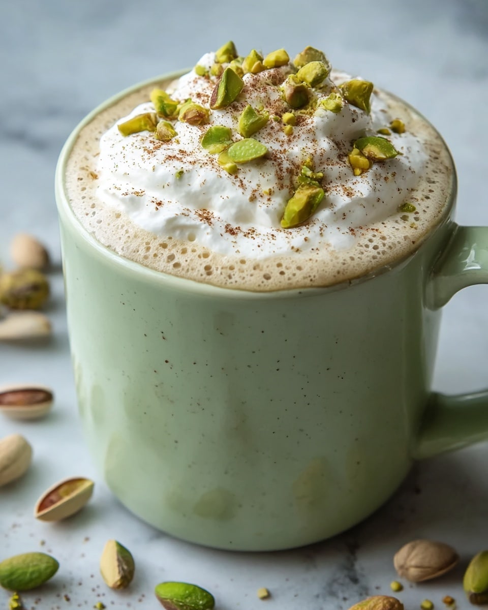 A light green ceramic cup filled with a creamy beige drink, topped with a thick, fluffy white foam layer. On top of the foam are scattered crushed green pistachio nuts and a sprinkle of fine brown powder, adding texture and color contrast. The cup sits on a white marbled surface, with some scattered pistachios around it. photo taken with an iphone --ar 4:5 --v 7