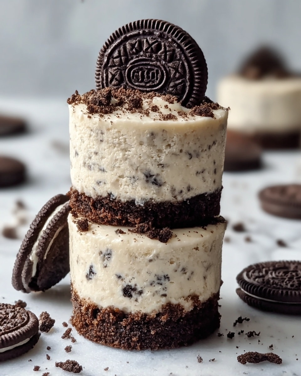 The image shows two small dessert cakes stacked vertically. Each cake has two layers: the bottom layer is dark brown and crumbly, resembling crushed cookie crust, and the top layer is creamy white with small dark specks, looking smooth and light. The top cake is decorated with a whole dark cookie standing upright in the creamy layer, while the lower cake has a whole cookie partially visible underneath the upper cake. Both cakes are sprinkled lightly with dark crumbs on top. There are extra whole cookies and scattered crumbs around the cakes on a white marbled surface. Photo taken with an iphone --ar 4:5 --v 7