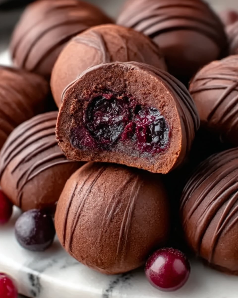 A group of round chocolate truffles is arranged on parchment paper on a wooden board. Each truffle has a smooth milk chocolate coating with a drizzle of darker chocolate on top, creating a striped pattern. One truffle is cut in half and placed resting on top of the others, revealing a dense, moist chocolate filling mixed with dark red berry pieces inside. There are a few whole dark red berries around the truffles. The image shows rich textures of both the solid chocolate shell and soft filling inside. photo taken with an iphone --ar 4:5 --v 7